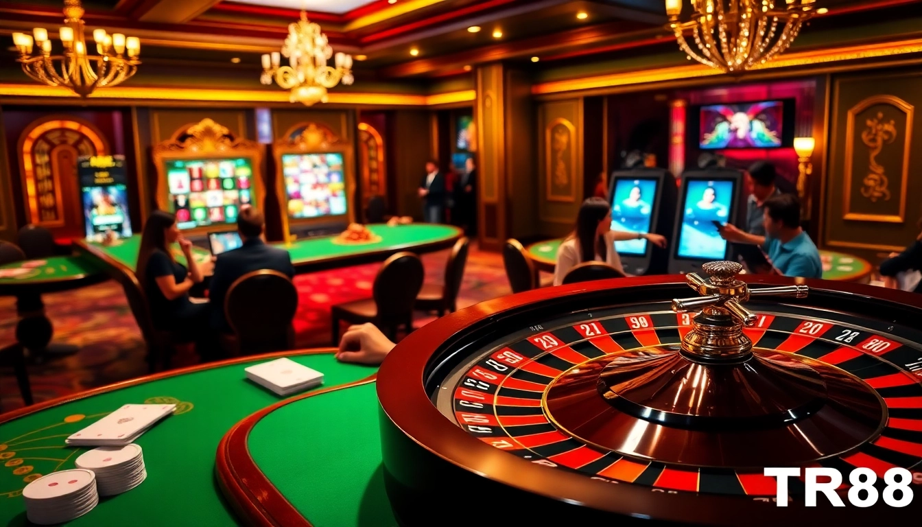 Engaging players at the TR88 casino table, showcasing poker chips and vibrant slot machines.