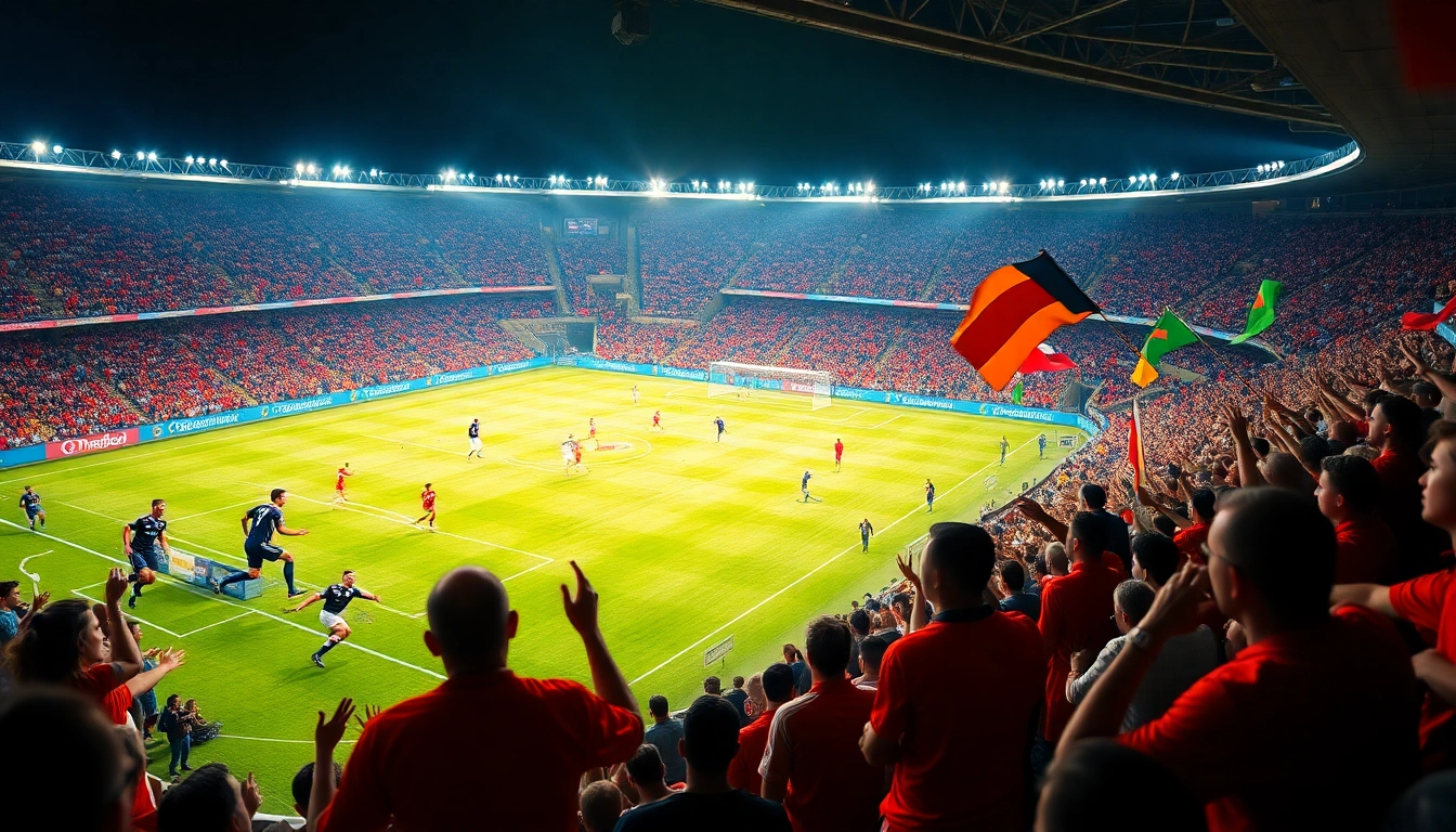 Experience Trực tiếp bóng đá with a lively football match scene showing fans and players in action.