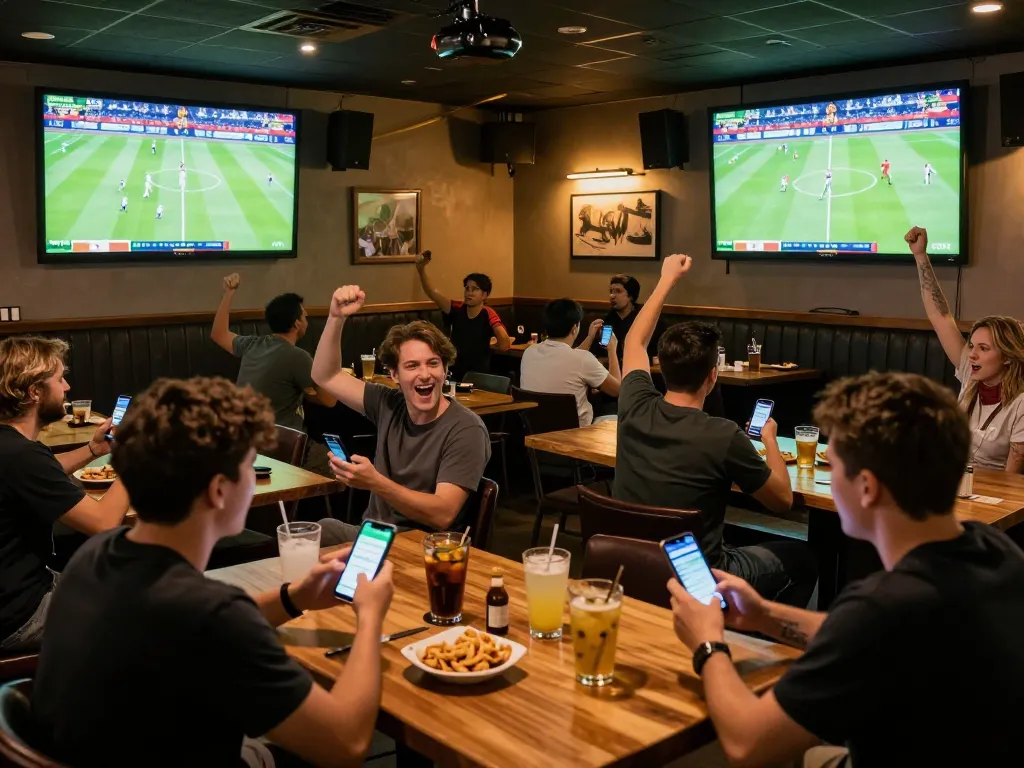 Cakhia fans cheering and using mobile apps for live betting during a football match.