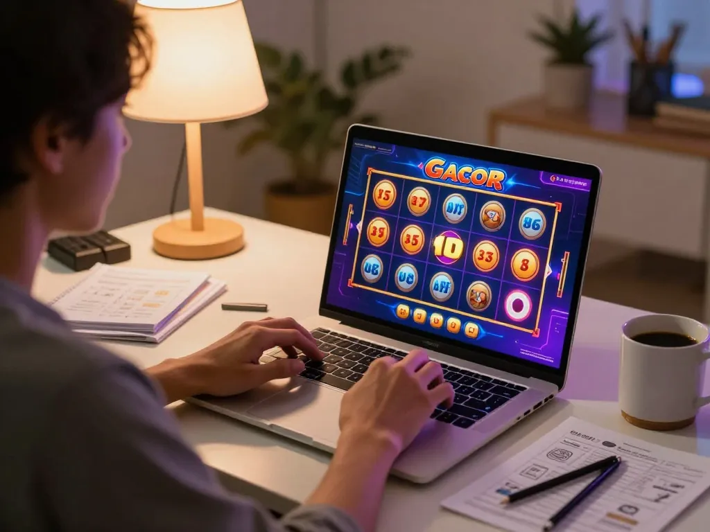 Engaging in slot gacor online gaming session at home, showcasing vibrant graphics and strategic notes.