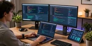 Pengembang menggunakan teknologi perangkat lunak 68GB di ruang kerja modern.