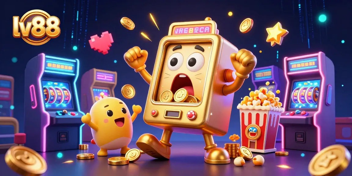 Spin to win at lv88 as a golden slot machine celebrates a jackpot surrounded by cheering friends.