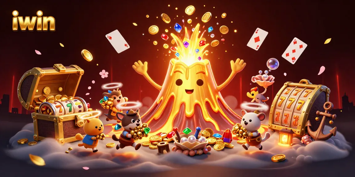iwin engages players in a vibrant 3D casino scene with erupting treasures and slot reels.