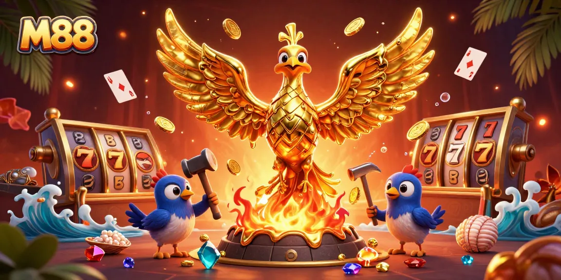 Experience thrilling action with M88 as a golden phoenix emerges from a casino forge, collecting riches.