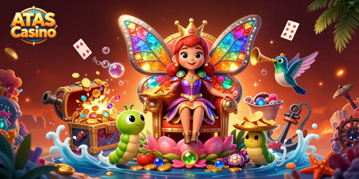 Experience the magic of ATAS Casino with an enchanting butterfly queen surrounded by vibrant gaming elements.