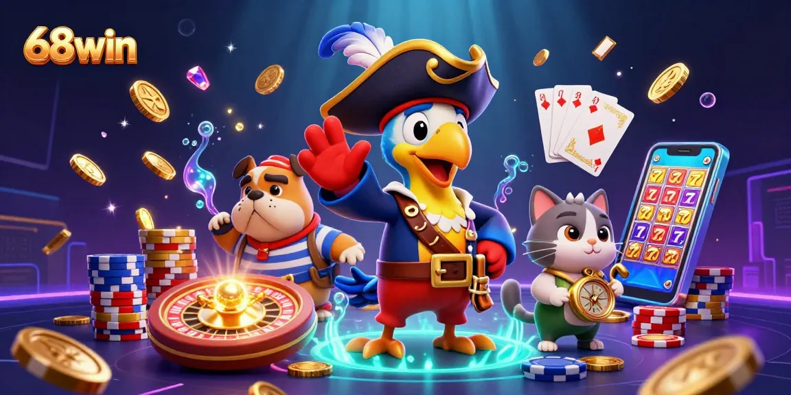 Experience dynamic gameplay with 68win's illustrated pirate theme featuring vibrant casino elements.
