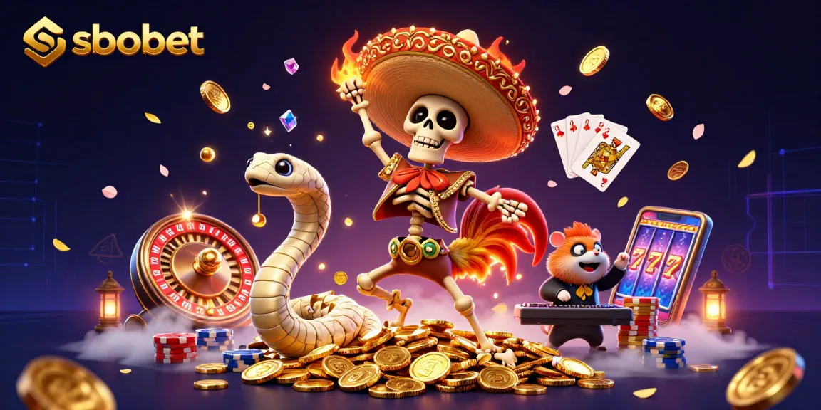Sbobet sports betting scene with a jubilant mariachi rooster, mummy snake, and DJ hamster amidst dynamic casino elements.