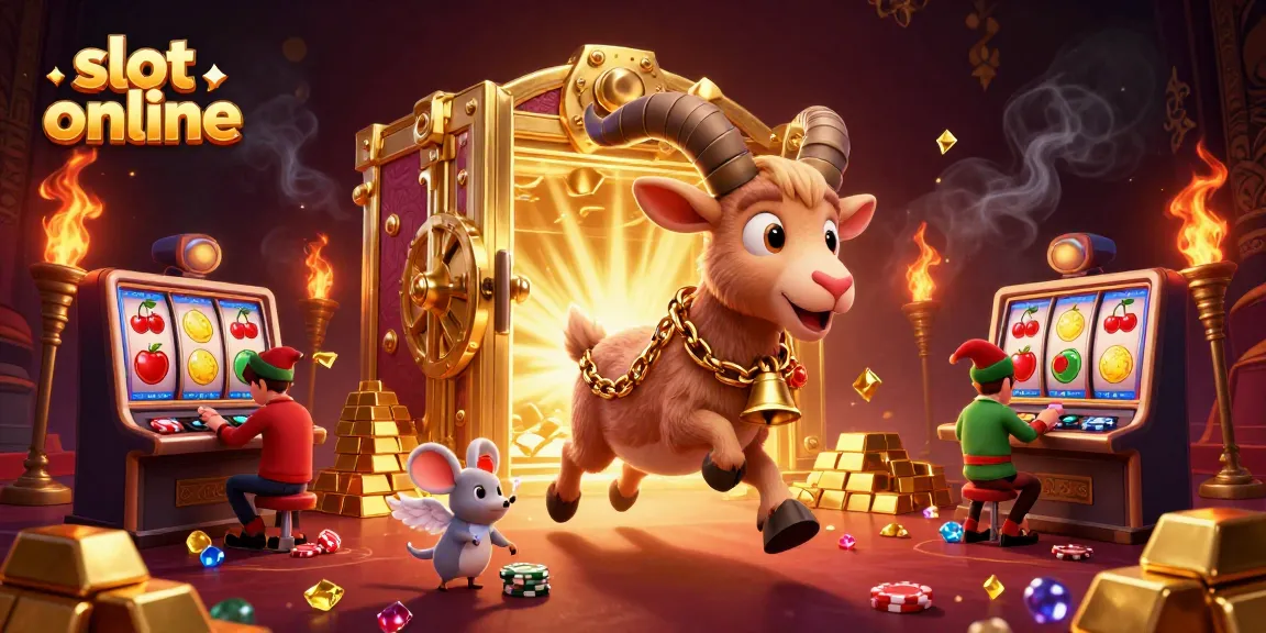 Nikmati permainan slot online dengan ilustrasi kasino yang menampilkan karakter menarik dan harta karun berkilau.