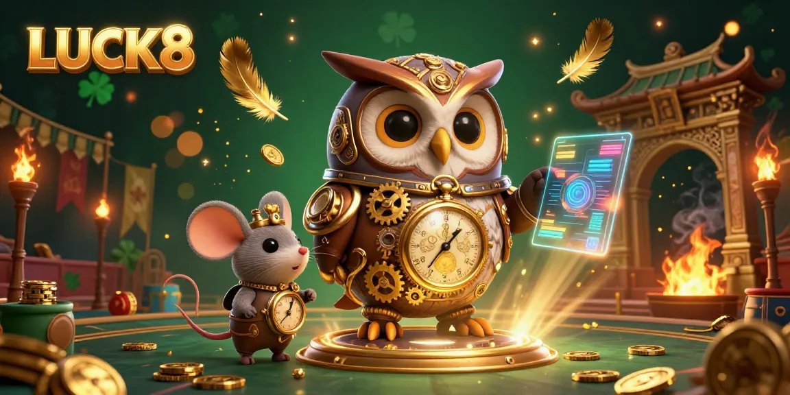 Experience thrilling gameplay with LUCK8 as a time-traveler owl engages in an animated casino adventure.
