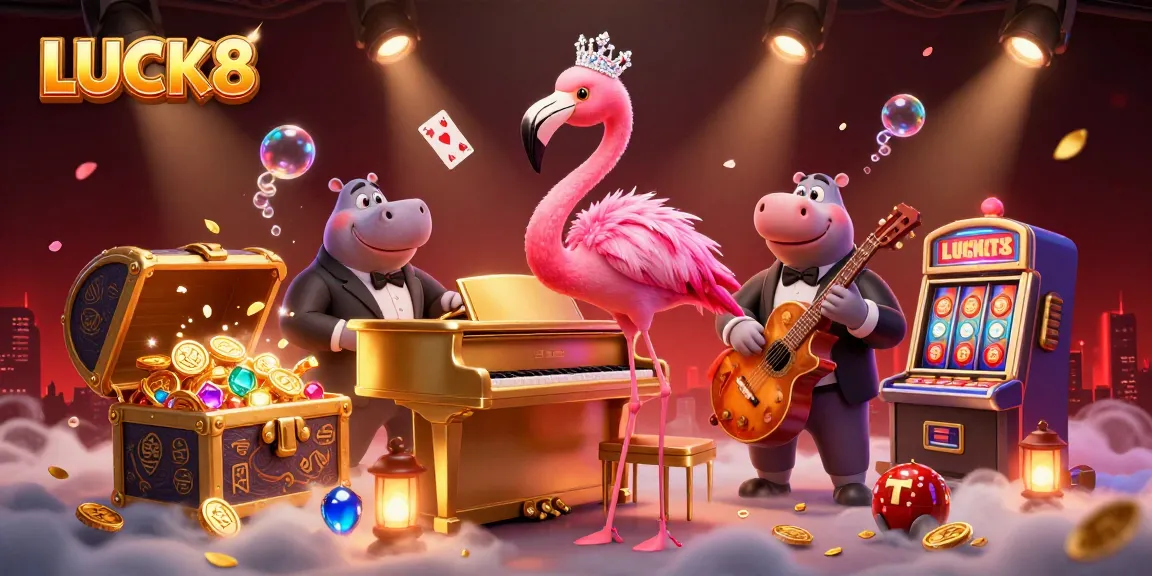 Win big at LUCK8 with vibrant cartoon characters in a packed casino scene celebrating games and excitement.