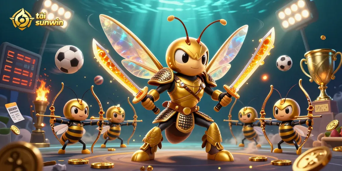 The 3D illustration showcases tải sunwin with a giant hornet character amid dynamic sports elements, symbolizing vibrant gaming excitement.