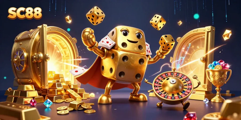 Join the excitement of SC88 with a vibrant scene featuring a golden dice golem juggling at a treasure vault.