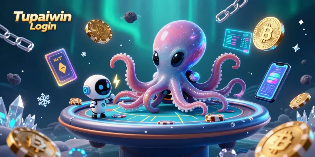 Engage in top-tier gaming with the innovative Tupaiwin Login as an alien octopus operates a holographic poker table.