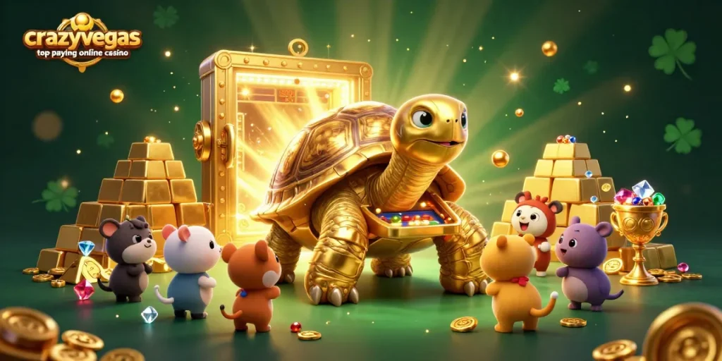 Exciting scene at crazyvegas top paying online casino featuring a golden tortoise pinball machine with playful animals.